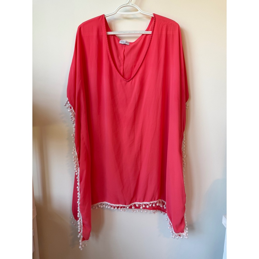 Adreamly Coral Pink Pom Pom Trim V-Neck Swimsuit Cover Up Kaftan 2X/3X
